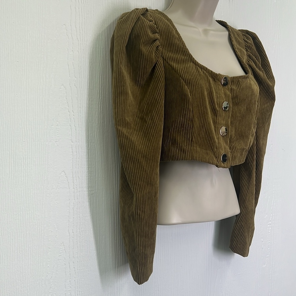 Zara - Dark Camel Corduroy Long Sleeve Large Button Crop Top Size Small - Picture 5 of 12